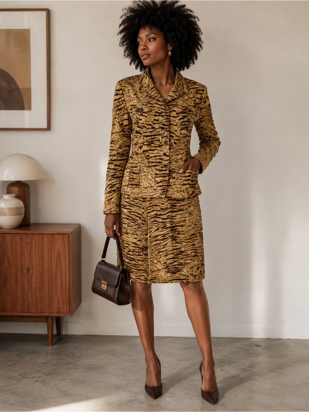 Vintage 80s 90s Dana Buchman Tiger-Print Two Piece Set Jacket & Skirt 10p